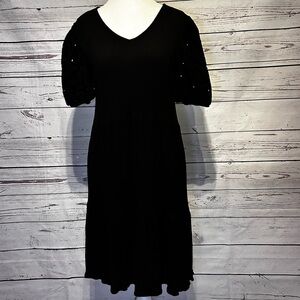 Ava James Black Midi Dress Size Medium | Short Puff Sleeve Eyelet Detail